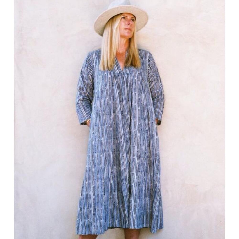 Mes Filles Sadie 100% Cotton Block Print Vegetable Dye Blue White Midi Dress 1 S